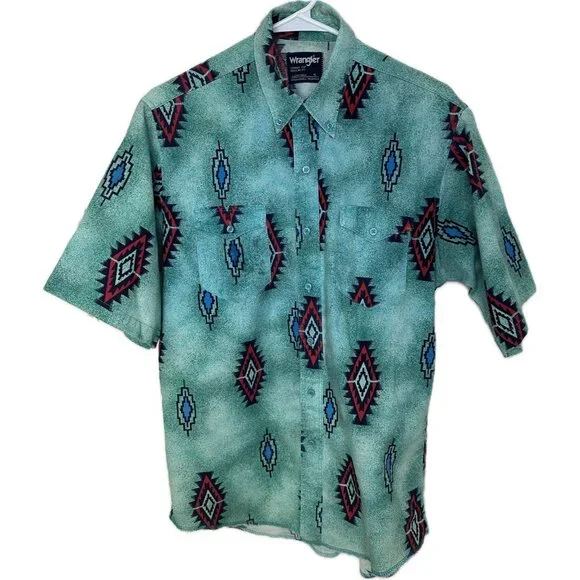 Wrangler Aztec Button Up Short Sleeve Men’s Cowboy 16 Large Blue VTG - Picture 2 of 7